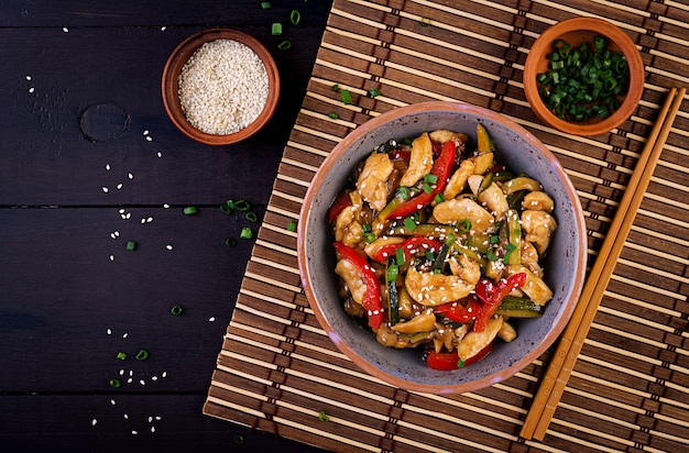 Photo stir fry chicken, zucchini, sweet peppers and green onion with chopsticks