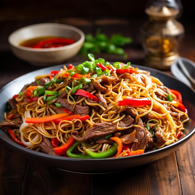 Stir fry noodles with beef and vegetables in black bowl on dark background