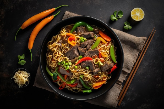 Stir fry noodles with vegetables and beef in black bowl Slate background Close up Top view