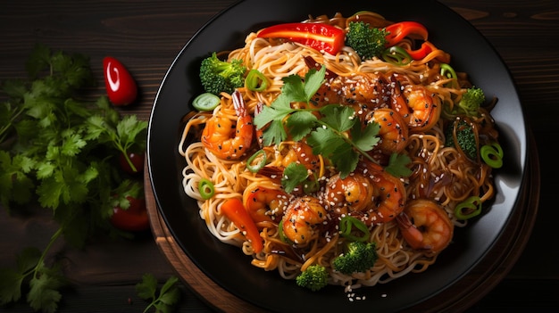 Stir fry noodles with vegetables and shrimps in black bowl Slate background Copy space