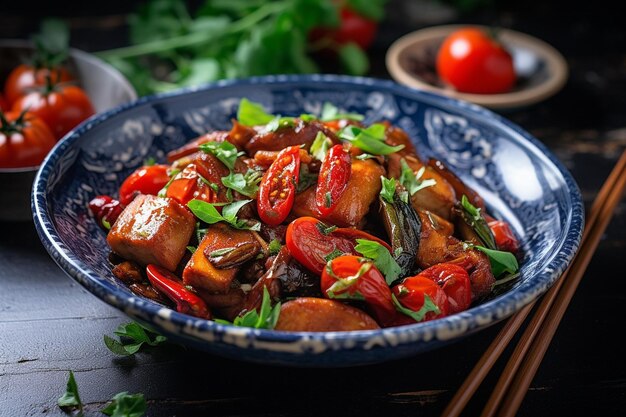 Stir fry served in a modern bowl with a splash of color