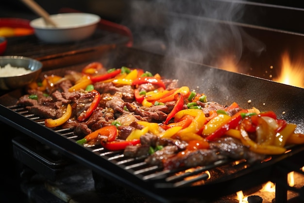 Stir frying beef with sweet peppers and green beans