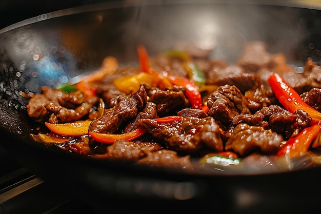 Stir frying beef with sweet peppers