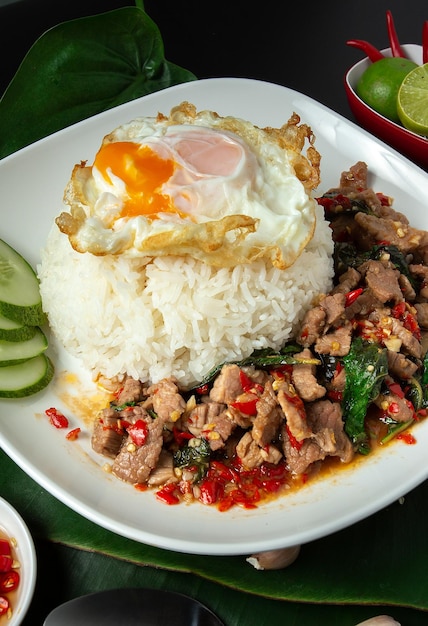 Stirfried beef and basil Thai Food Rice topped with egg famous street food in Thailand fast food soft focus