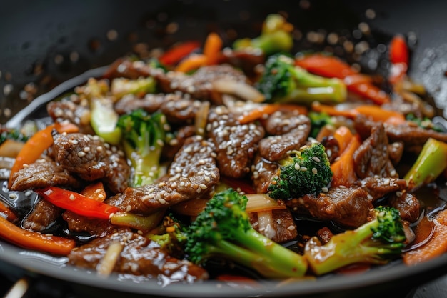 Stirfried beef with vegetables in a wok on a stovetop