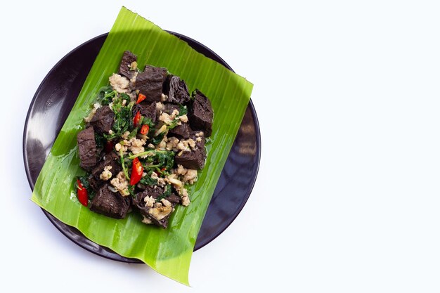 Stirfried chicken blood cubes and minced pork with holy basil