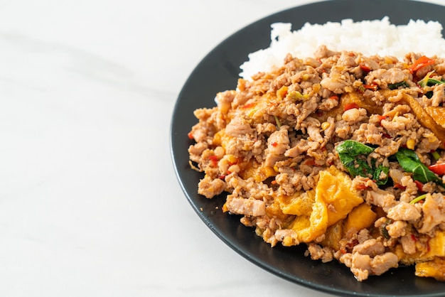 Stirfried minced pork with basil and egg topped on rice