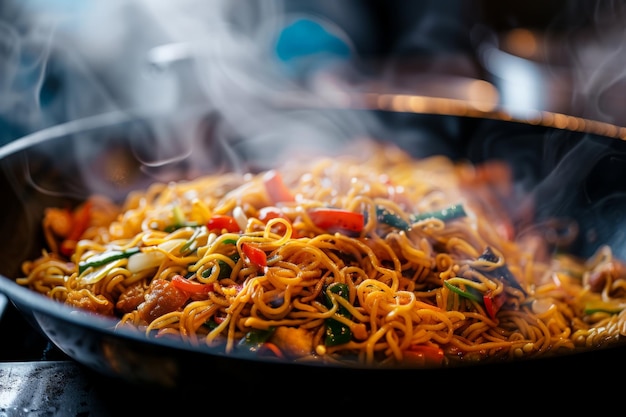 StirFried Noodles and Vegetables in Wok on Stove