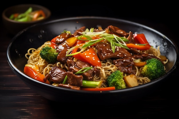 Stirfried noodles with beef and vegetables on black background