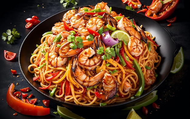 Stirfried noodles with grilled shrimps sauce spring onion and bell pepper on dark background