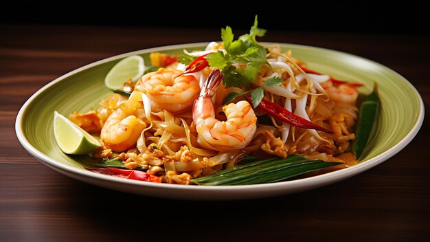 Stirfried Pad thai noodles with shrimp and vegetables on a wooden table AI Generative