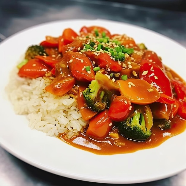 Stirfried sweet and sour vegetables with rice on white plate