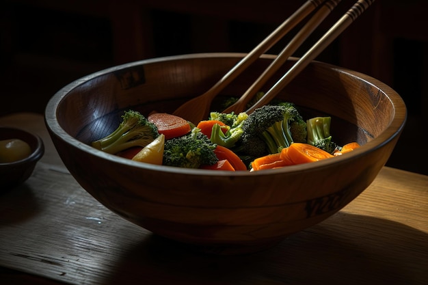 Stirfried vegetables in a bowl on a wooden table AI generated