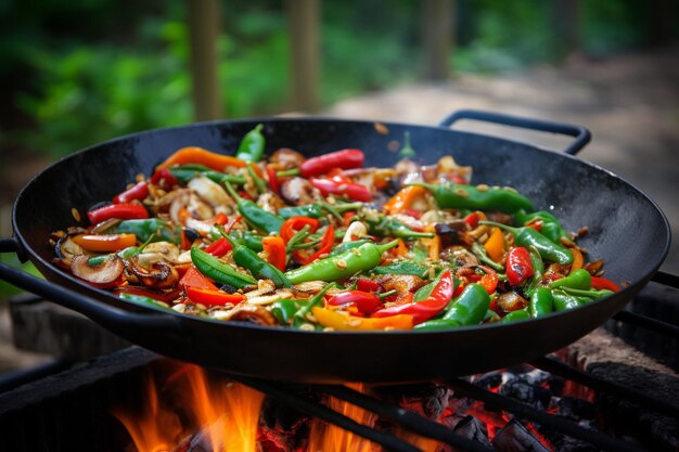 Stirfries worden gekookt op een gaskachel