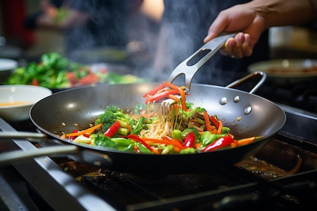 Stirfry being plated on a bed of couscous for a Mediterranean touch