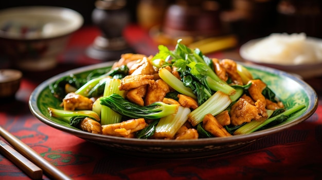 Stirfry bok choy with tofu skin Crisp green bok choy leaves and delicate tofu skin strips