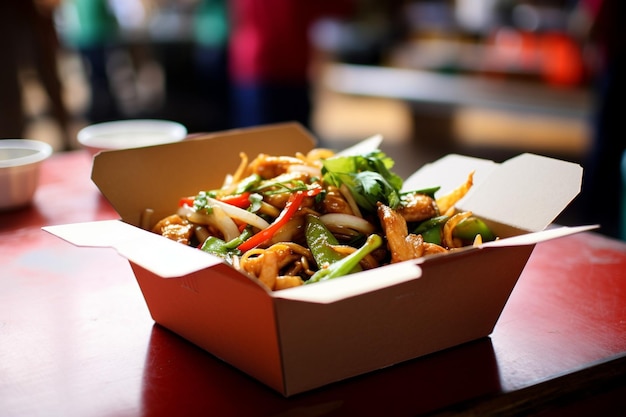 Foto stirfry wordt geserveerd op een bed van gestoomde rijst