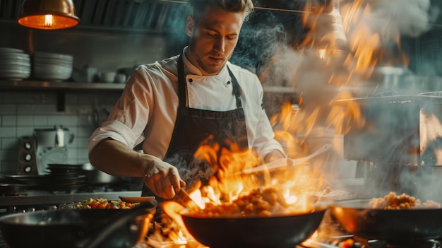 Photo stirfrying in a blazing hot wok