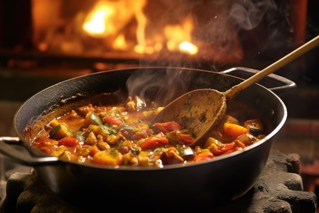 Stirring ratatouille in pan with wooden spoon fire crackling created with generative ai