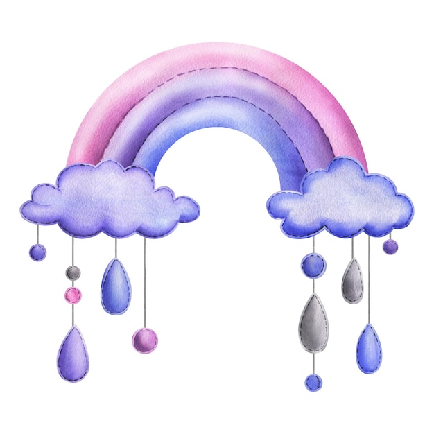 A stitched rainbow with clouds and raindrops hanging from ropes in blue purple and pink Childish cute hand drawn watercolor illustration Isolated composition on a white background