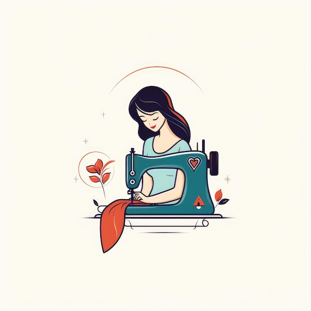 Stitching Elegance A Modern Simple and Cute Lady Sewing Machine Logo on a White Background