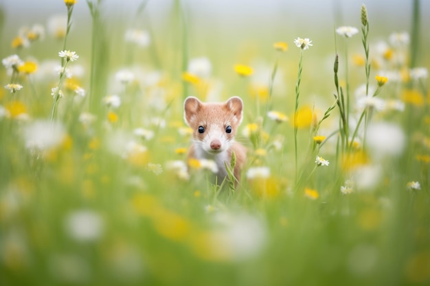 Photo stoat hiding behind wildflowers in a meadow