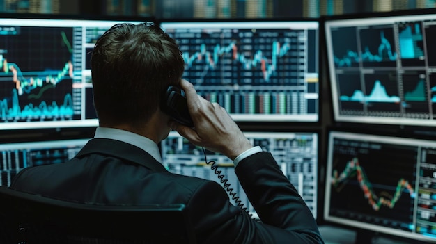 Stock Broker Talking On Telephone In Front Of Multiple Computer Screen Showing Graphs