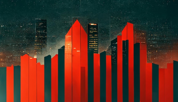 Stock chart of the price index on the background of the night city of skyscrapers Business and finance art concept