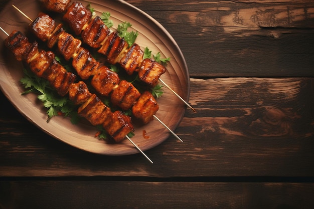 Stock of chicken tikka kebab with vegetables on plate top view