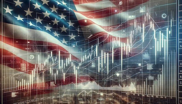 写真 株式取引所のグラフ アメリカ国旗の背景