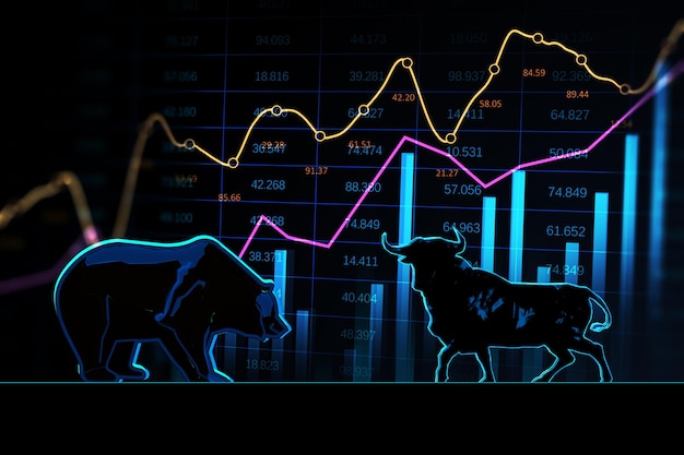 証券取引所の取引コンセプト強気と弱気の闘争株式市場のイラスト暗い壁紙のクリエイティブなホログラムとグラフ3Dレンダリング