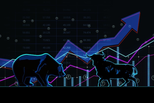 Stock exchange trading concept de stieren en beren worstelen aandelenmarkt illustratie creatieve hologram en grafiek op donkere achtergrond 3d-rendering