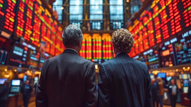 Stock exchange trading Rear view of two businessmen looking at the stock exchange