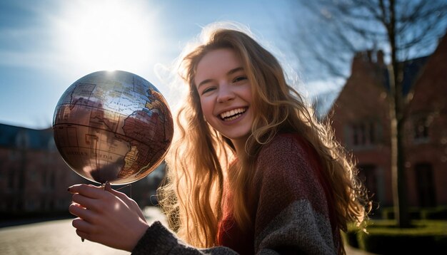 Foto stock foto van 18-jarig meisje op eurotrip, blij en lachend met een wereldkaart in haar handen