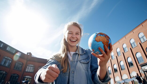 Foto stock foto van 18-jarig meisje op eurotrip, blij en lachend met een wereldkaart in haar handen