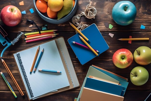 Stock foto van terug naar school op de chique bureau flat Generative AI