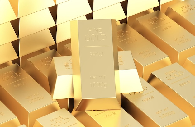 Stock of gold bullion in golden background 3d rendering illustration