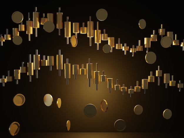 Stock graphs gold and coins investments financial business concepts and graphs 3D renderings