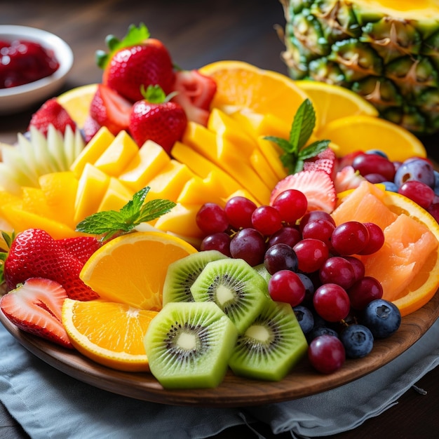 Foto immagine di stock di un colorato piatto di frutta con fette di frutta tropicale un sano e rinfrescante