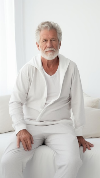 Stock image of an elderly man in comfortable loungewear against a white backdrop Generative AI