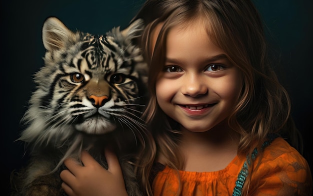 Photo stock image of a girl in tiger face paint holding her bunny generative ai