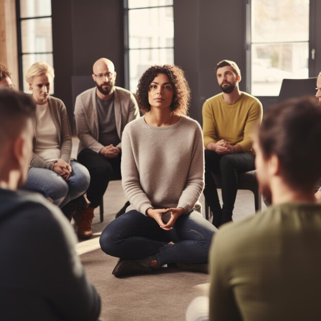 Foto immagine di stock di un gruppo che partecipa a un seminario di gestione dello stress che promuove la consapevolezza della salute mentale