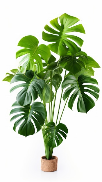 Foto immagine di stock di una lussureggiante monstera deliciosa su uno sfondo bianco grandi foglie e colore verde vibrante generative ai