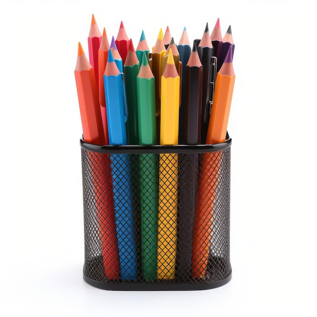 Photo stock image of an office pen holder on a white background neat organized storage for pens generative ai
