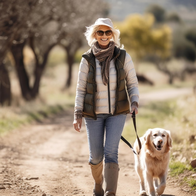 Stock image of a senior woman enjoying a nature walk with her dog peaceful and outdoors Generative AI