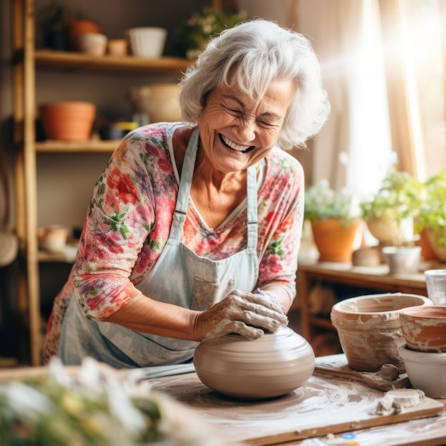 Stock image of a senior woman practicing pottery creating beautiful ceramics Generative AI