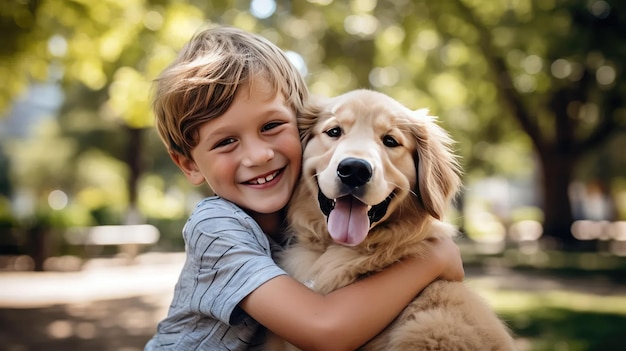 ストック画像は ⁇ 夏の公園で可愛い散歩犬を撫でる手と ⁇ 可愛い黄色い犬を抱きしめる男を捉えている ⁇ 