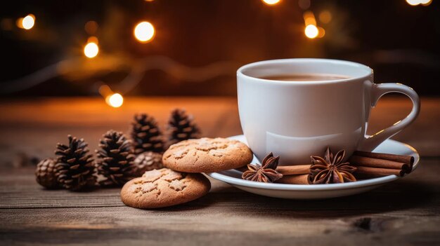 Stock images feature christmas gingerbread cookies coffee in a stylish white cup pine cones and warm lights on a white wooden table