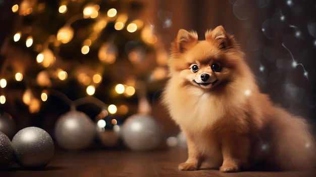 사진 스 ⁇  이미지에는 '메리 크리스마스' 순간이 있습니다. 귀여운 덴마크 스피츠 개가 세련된 크리스마스 트리에 앉아 있습니다.