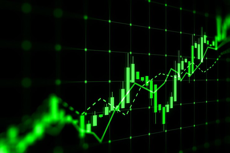 Photo stock market analysis and economy growth concept with rising digital green financial chart graphs on dark blurry technological background 3d rendering